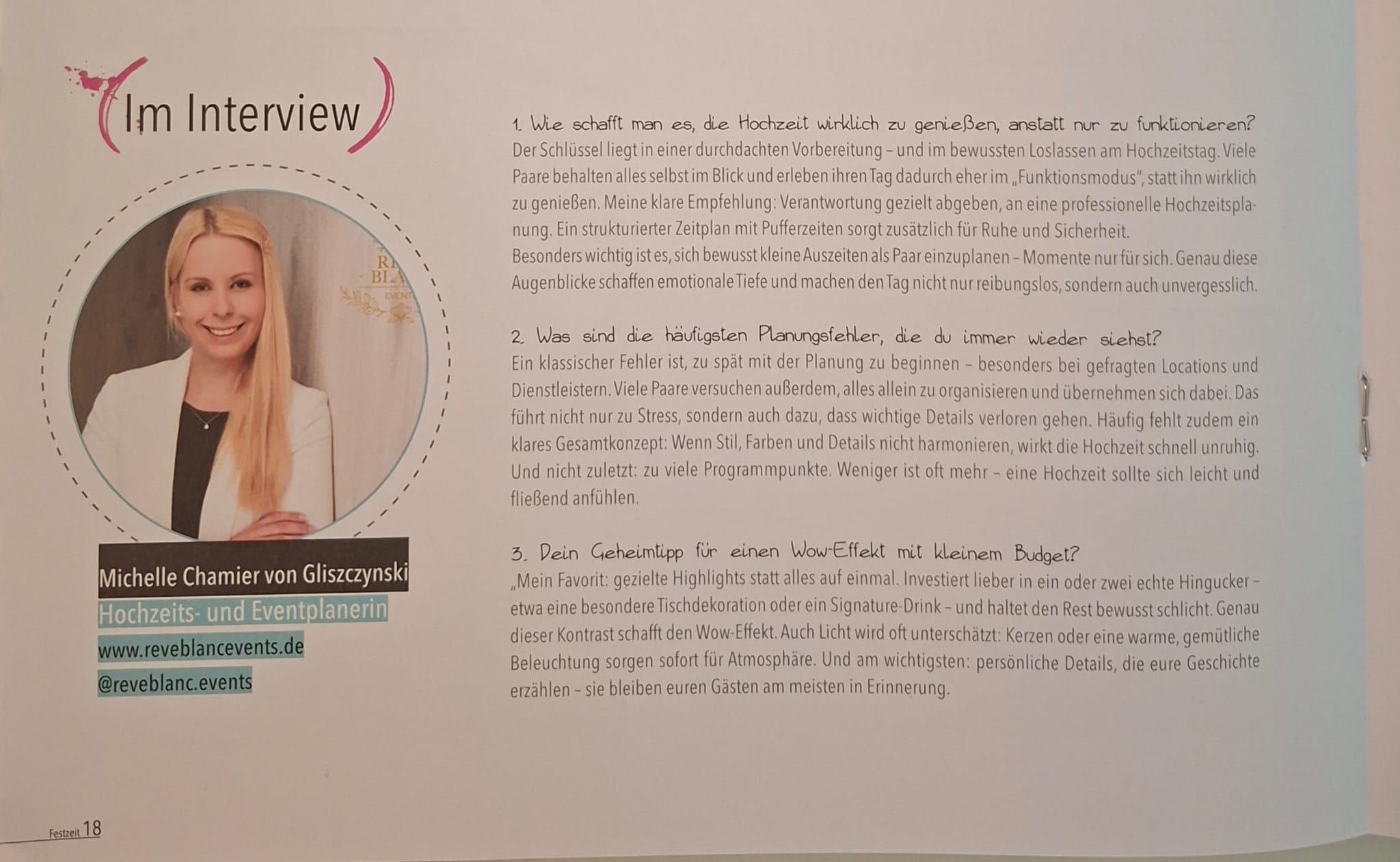 Rêve Blanc Events im Festzeit Magazin: Interview mit Michelle Chamier von Gliszczynski